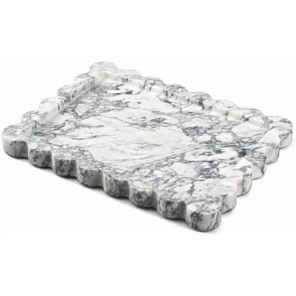 Genuine Scalloped Marble Tray, Real Natural Marble Stone Tray, Luxury Decorative Trays for Bathroom, Dresser, Vanity, Kitchen, Home Decor, 10.6" x 8", Calacatta Gray