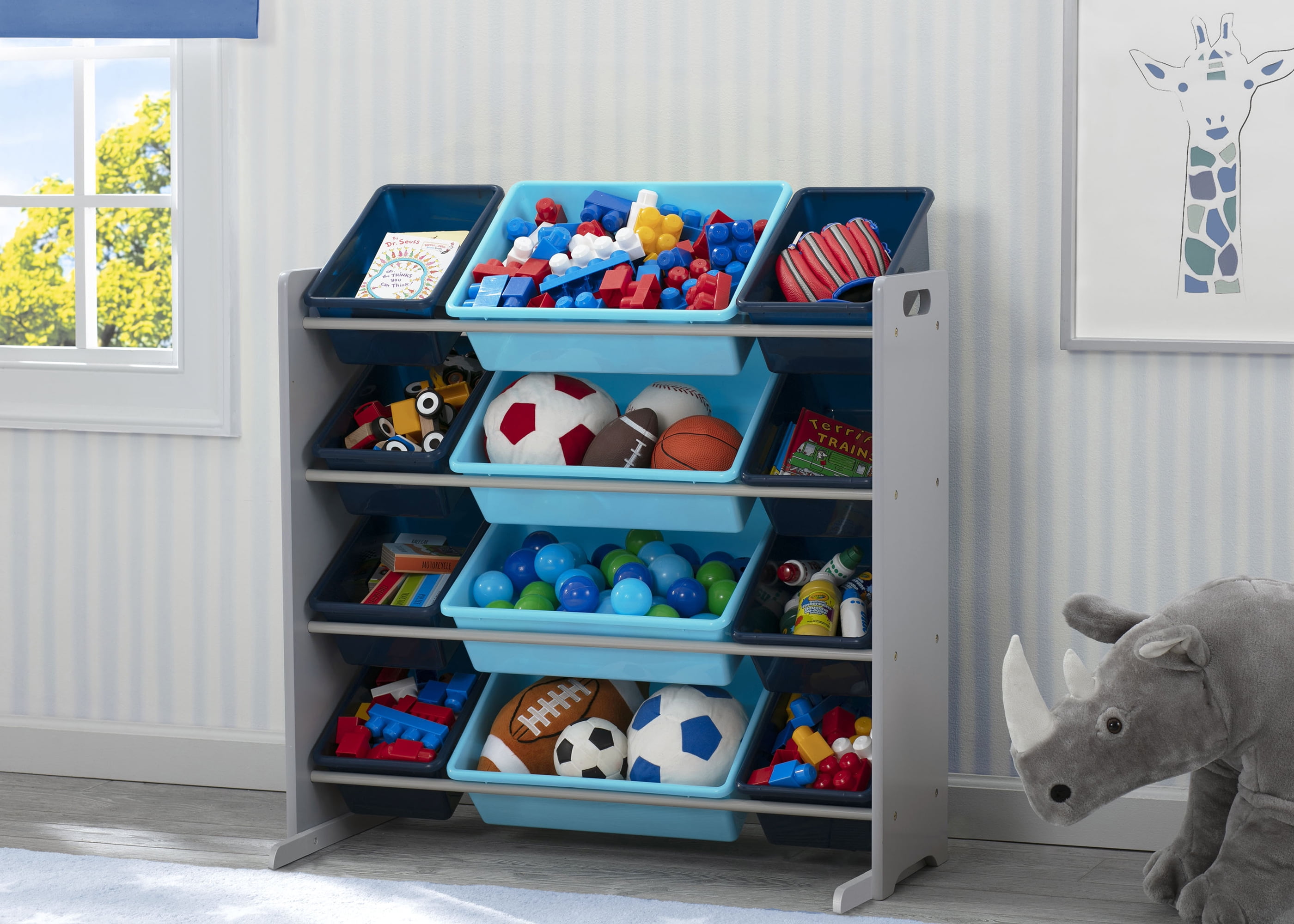Delta Children Kids Toy Storage Organizer with 12 Plastic Bins, Greenguard Gold Certified, Grey/Blue