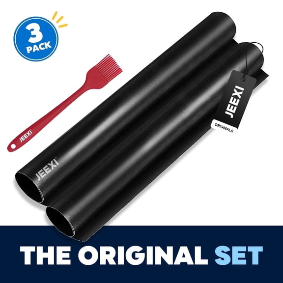JEEXI Extra Thick Large Oven Liners 17"x 25",0.3mm   Silicone Brush, Heavy Duty Non Stick Teflon Grill Mats, BPA Free, for bottom of Electric Oven Gas Microwave Charcoal [3 Pack: 2 Liners   1 Brush]