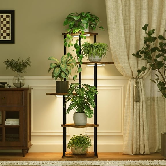 Tall Plant Stand Indoor with Grow Light Corner Plant Stand for Indoor Plants 5 Tier Metal Wood Plant Shelf with Grow Lights for Living Room Bedroom Patio Garden Balcony Decor