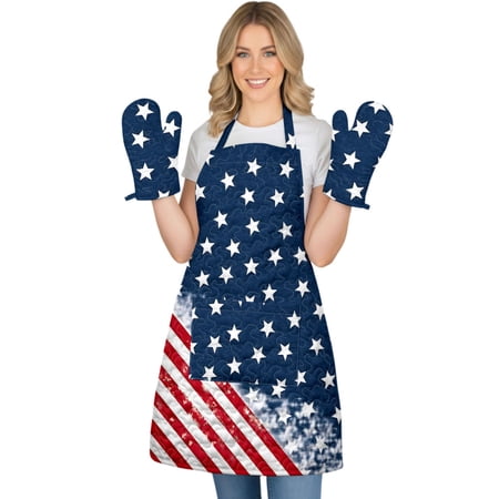 adaychics Apron and Oven Mitt Set Quilted American Flag Patriotic Kitchen Gloves and Adjustable Cooking Apron Set for Kitchen