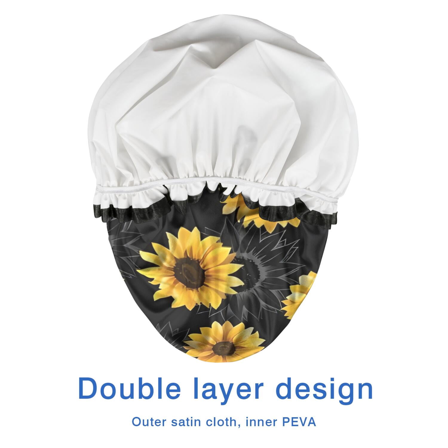 Shower Caps,Black Sunflower Gray Petal Pattern Waterproof Shower Cap for Women 4 Pieces,Double Reusable Hair Cover for Shower PEVA Elastic Stretch Hem