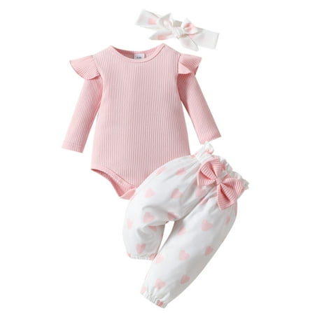 

Toddler Girls Outfits Holiday Outfits Long Sleeve Valentines Day Ribbed Romper Bodysuit Heart Prints Bell Bottoms Pants Fall Girls Clothings 12 Months-18 Months