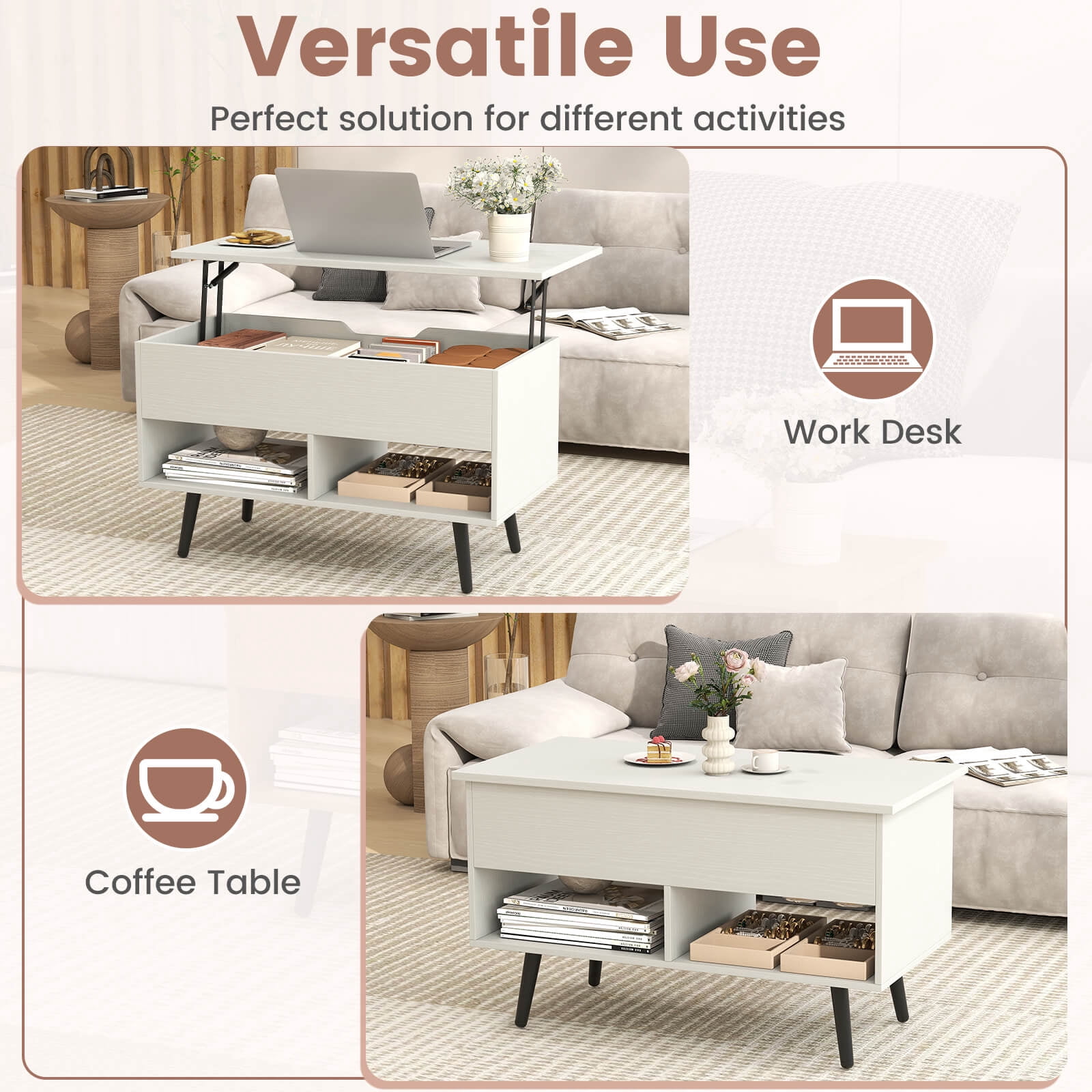 Costway 31.5" Lift Top CoffeeTable ModernTable with Hidden Compartment Wood Legs For Home White