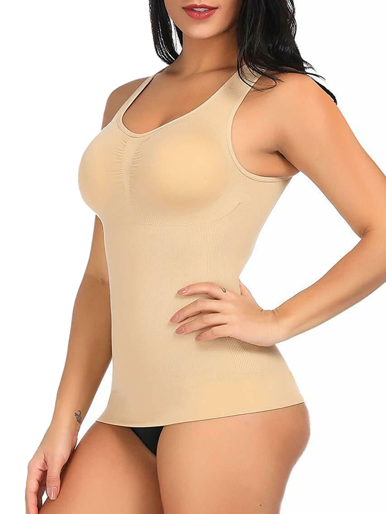 Bonivenshion Women's Compression Shaper Tummy Control Cami Shaper Removable  Pads Seamless Shaping Camisole Built in Bra Padded Tank Top-Brown<!-- -->