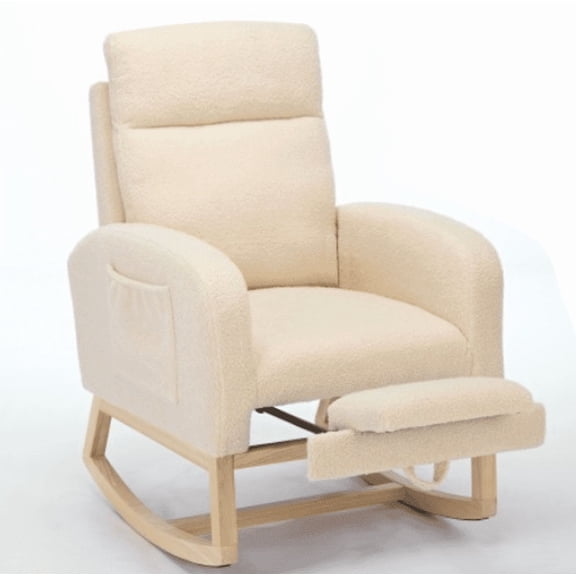 ChaoLink Rocking Chair, Wingback Accent Rocker Chair Upholstered Tall Back Arm Chair w/Side Pockets, Ursing Rubber Wood Legs and Side Pocket for Living Room