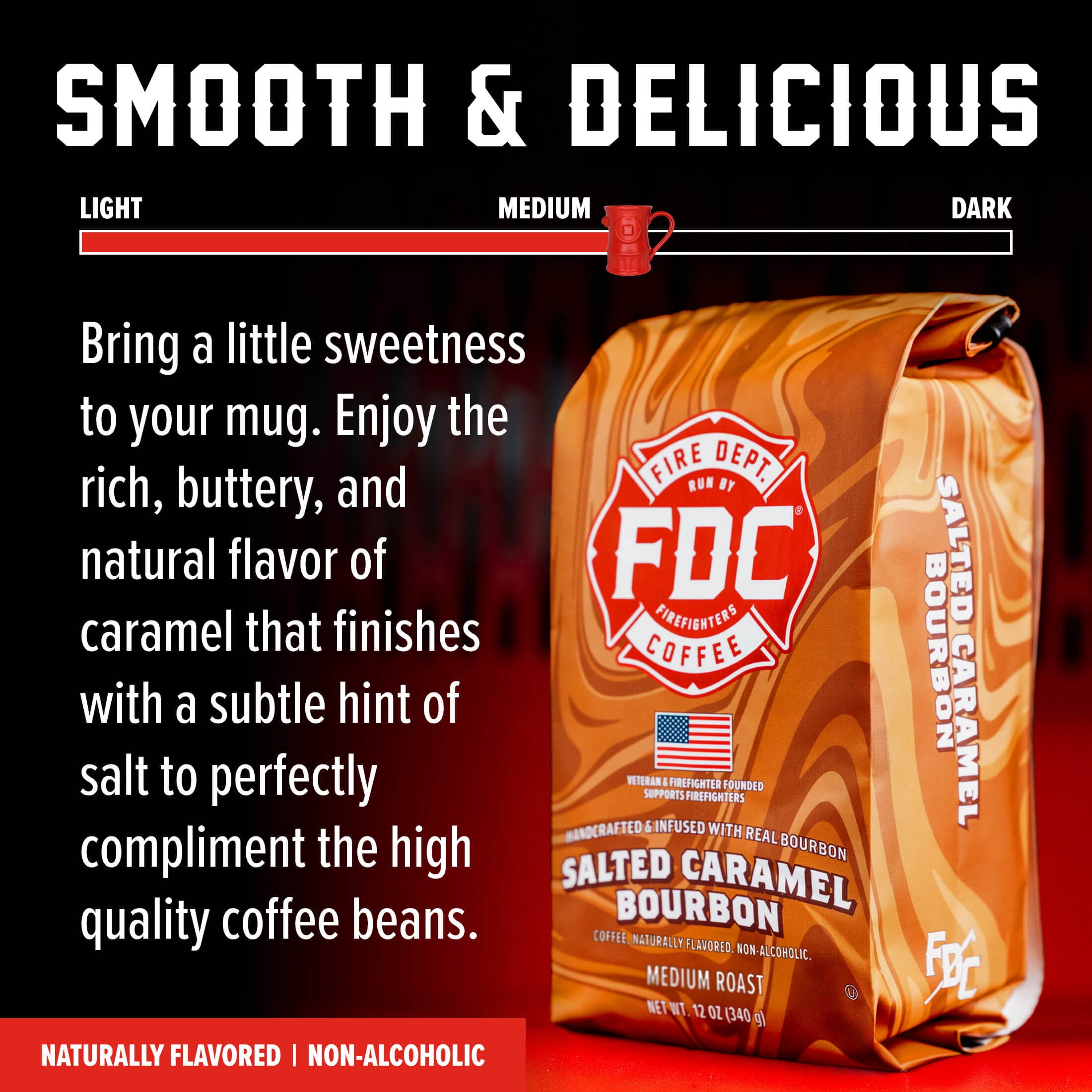 (6 pack) Fire Department Coffee, Salted Caramel Bourbon Infused, Premium Ground Coffee, Medium Roast 12 oz.