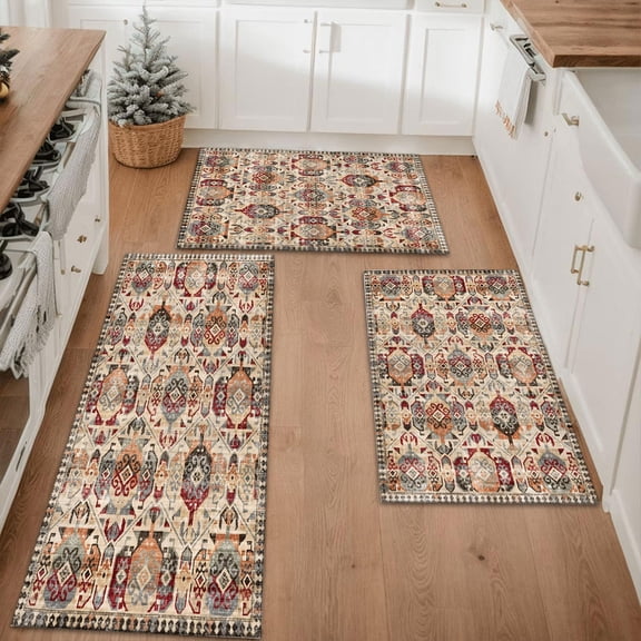 Farmhouse Kitchen Rugs Set 3 Piece, Boho Kitchen Mats for Floor, Non-Slip Kitchen Rug Waterproof Mats for Kitchen, Runner Rugs for Hallway Laundry Holiday Sink Decor