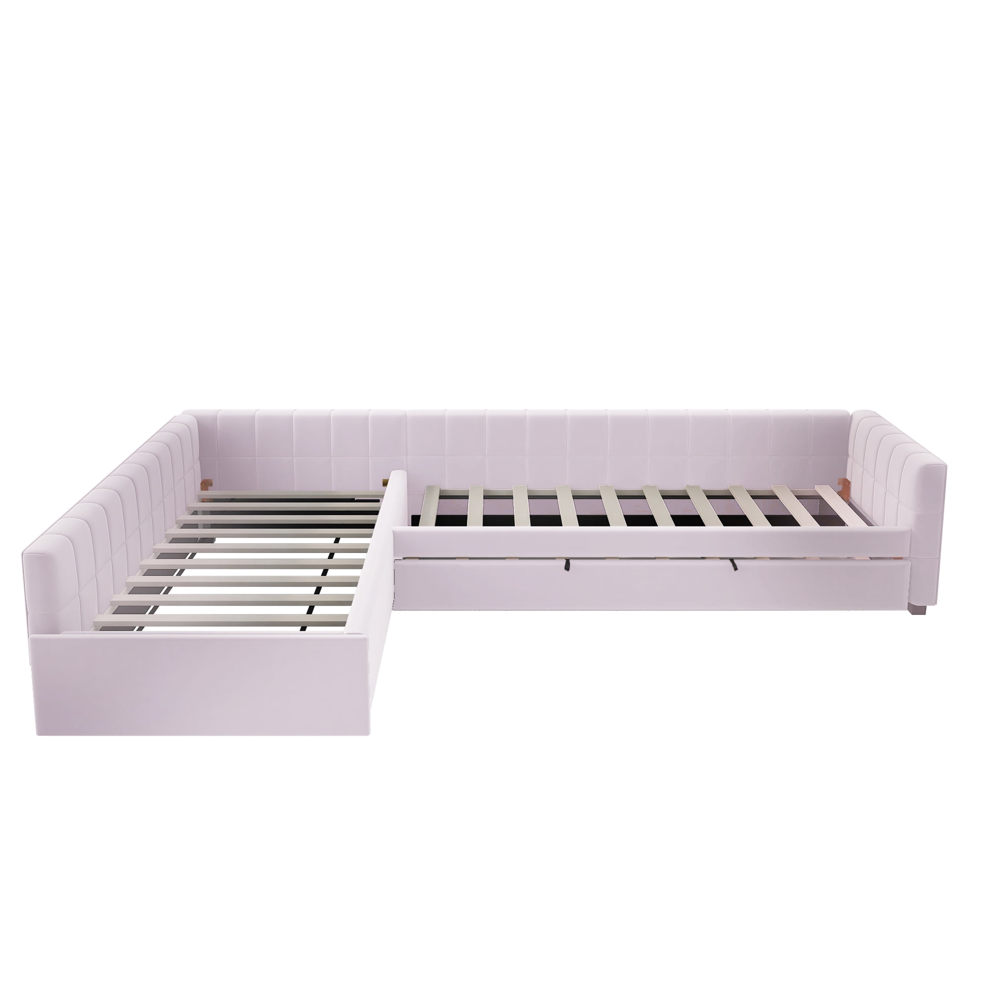 Euroco Upholstery L-Shaped Twin Platform Bed with Trundle and Drawer, 3 Beds in 1, No Spring Box Needed, Pink