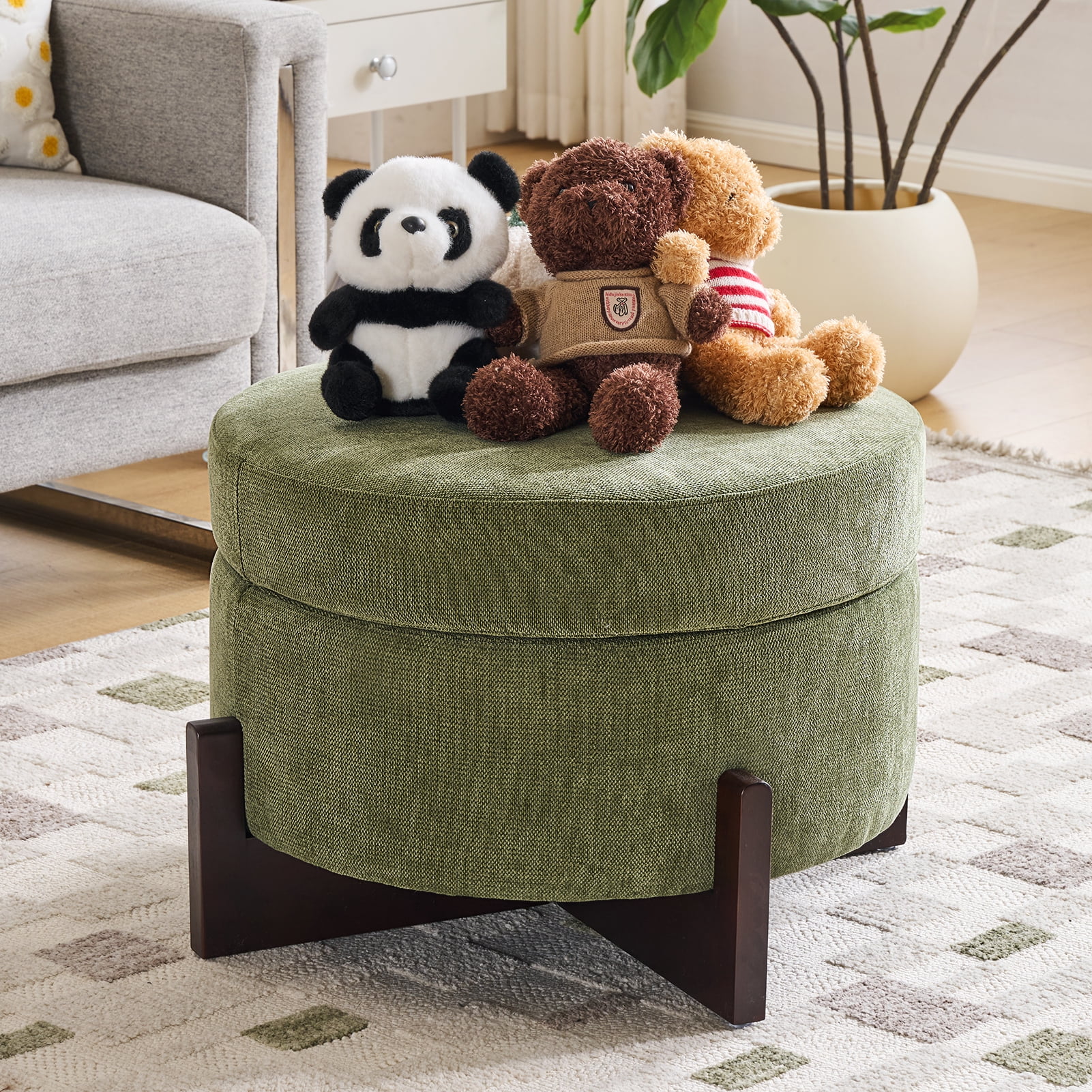 Round Storage Ottoman Bench Upholstered Lift Top Storage Foot Stool with Solid Wood Legs Multifunctional Circular Ottoman Footrest for Living Room Bedroom Entryway