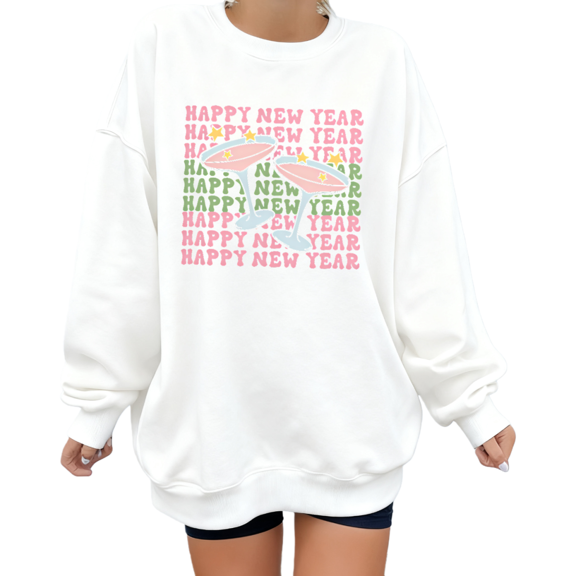 Lovely stars and Wine glass Happy New Year Theme Graphic Tee T Shirt Tops Cozy Round-neck long-sleeved white S-3XL