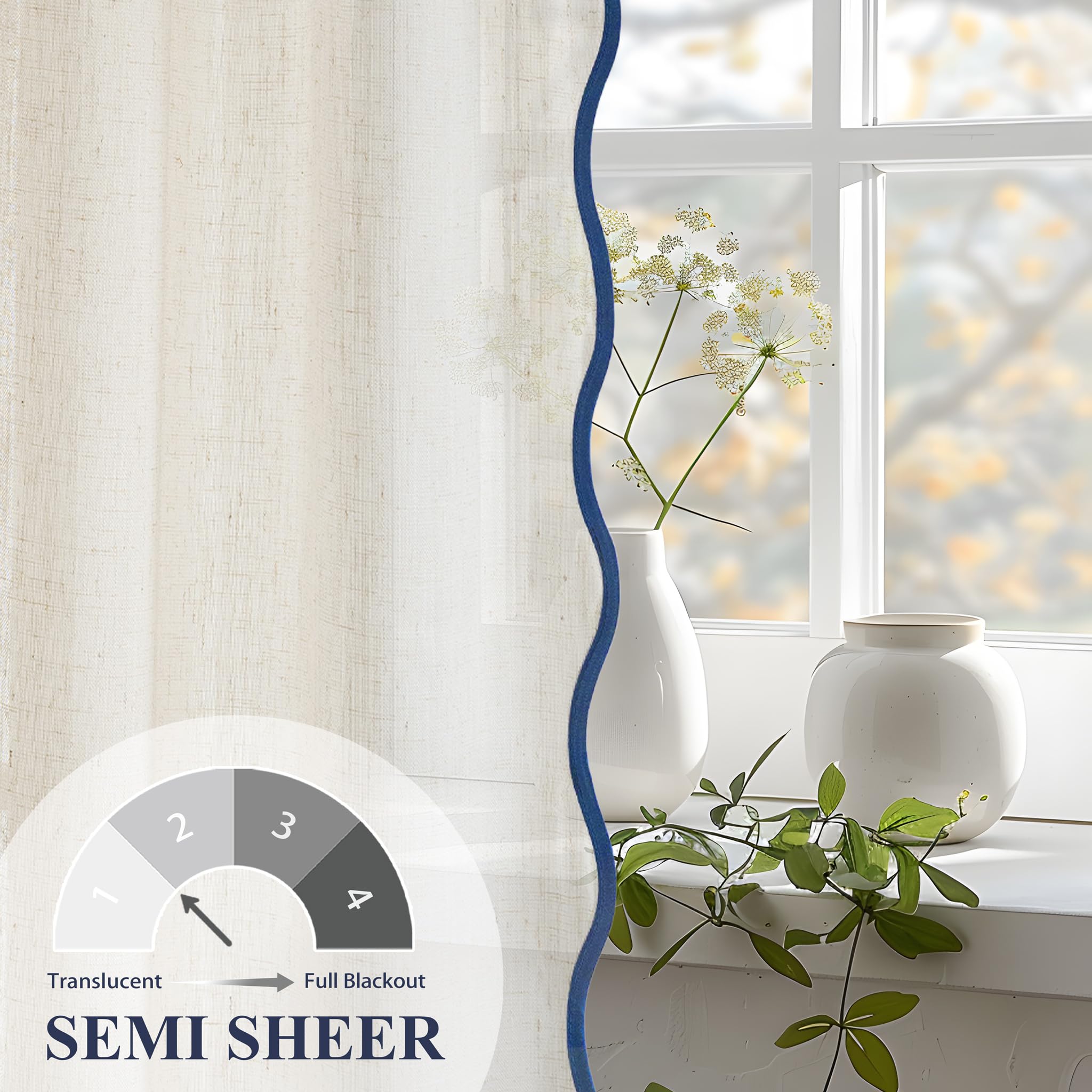 DriftAway Semi Sheer Scalloped Edge Linen Coastal Beach Window Curtains for Living Room Bedroom 2 Panels Rod Pocket Each Size 52 Inch by 96 Inch Navy