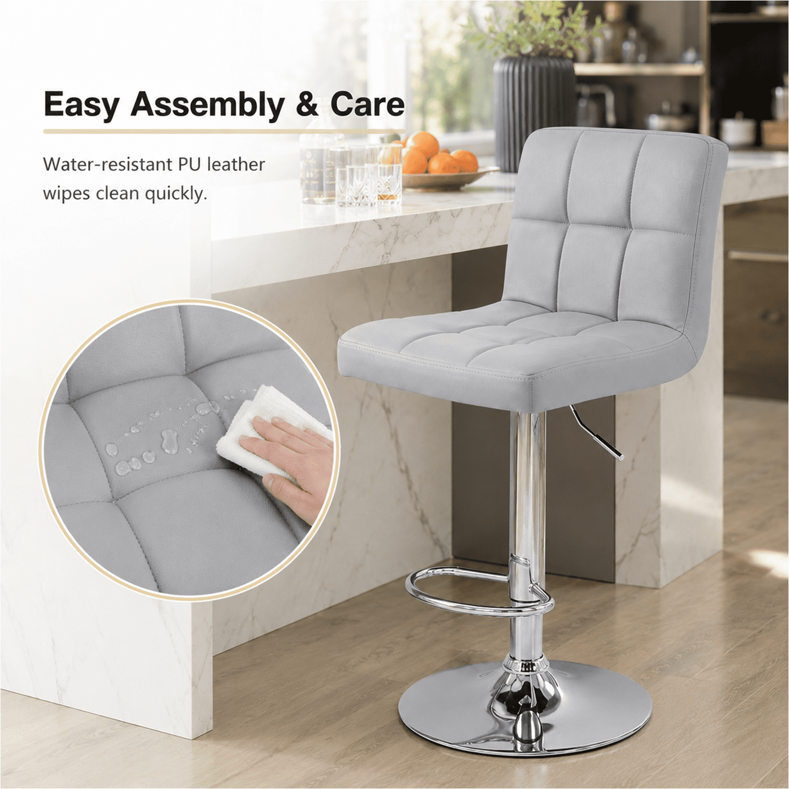 Alvantor 2-Pack Bar Stools, PU Leather Height Adjustable Swivel/ Armless Barstools, Hydraulic Kitchen Counter Height Bar Chairs, Made of Waterproof Polyurethane Leather Material