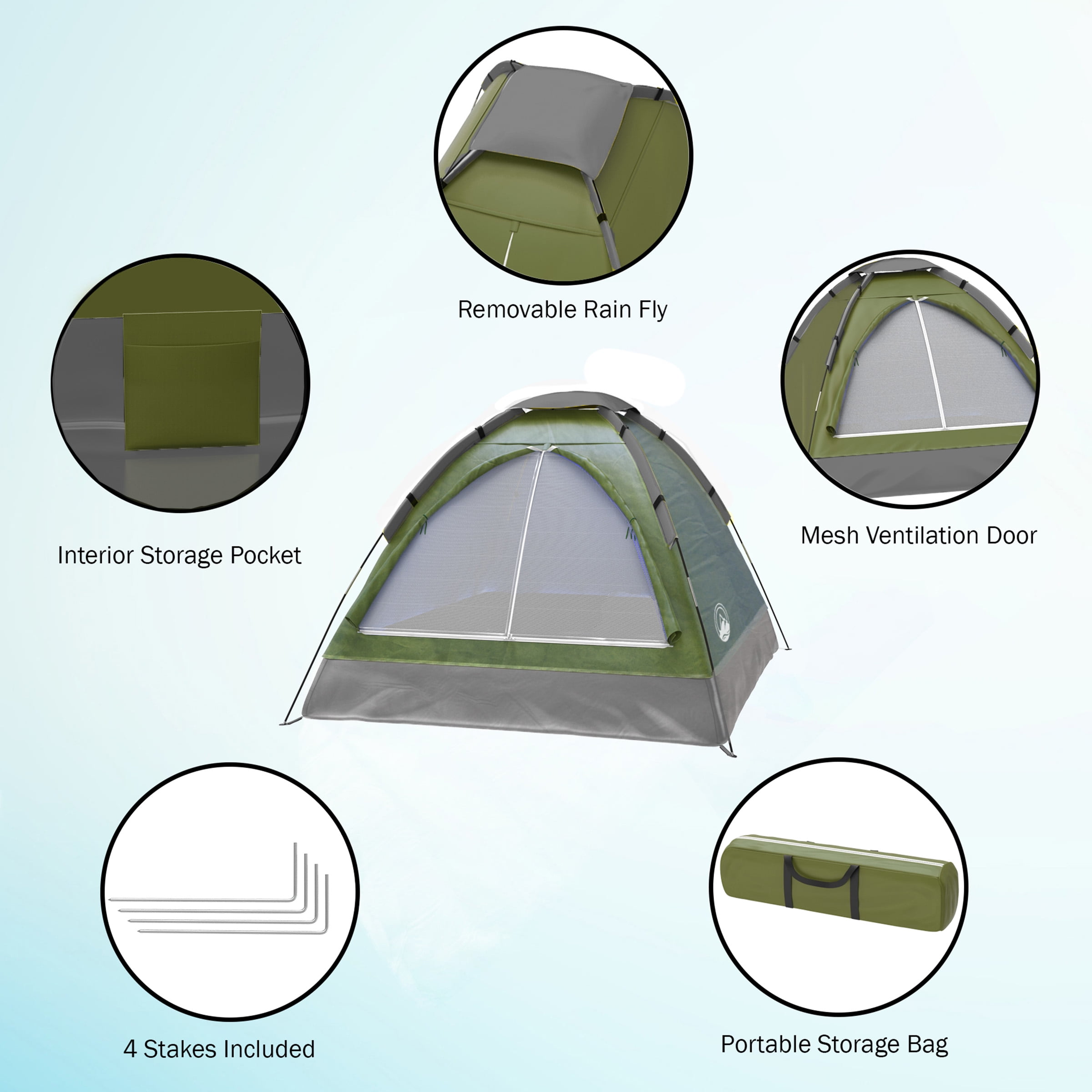 Wakeman Outdoors 2 Person Camping Tent with Rain Fly and Carry Bag (Green)