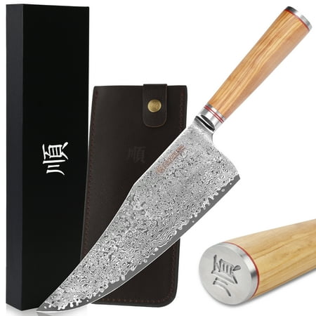 

YOUSUNLONG Meat Cleaver Knife - 9 Inch - Japanese Hammered Damascus Steel - Razor Sharp - Italian Olive wood Handle - Leather Sheath - Butcher Knives - Slicer Meat Beef BBQ