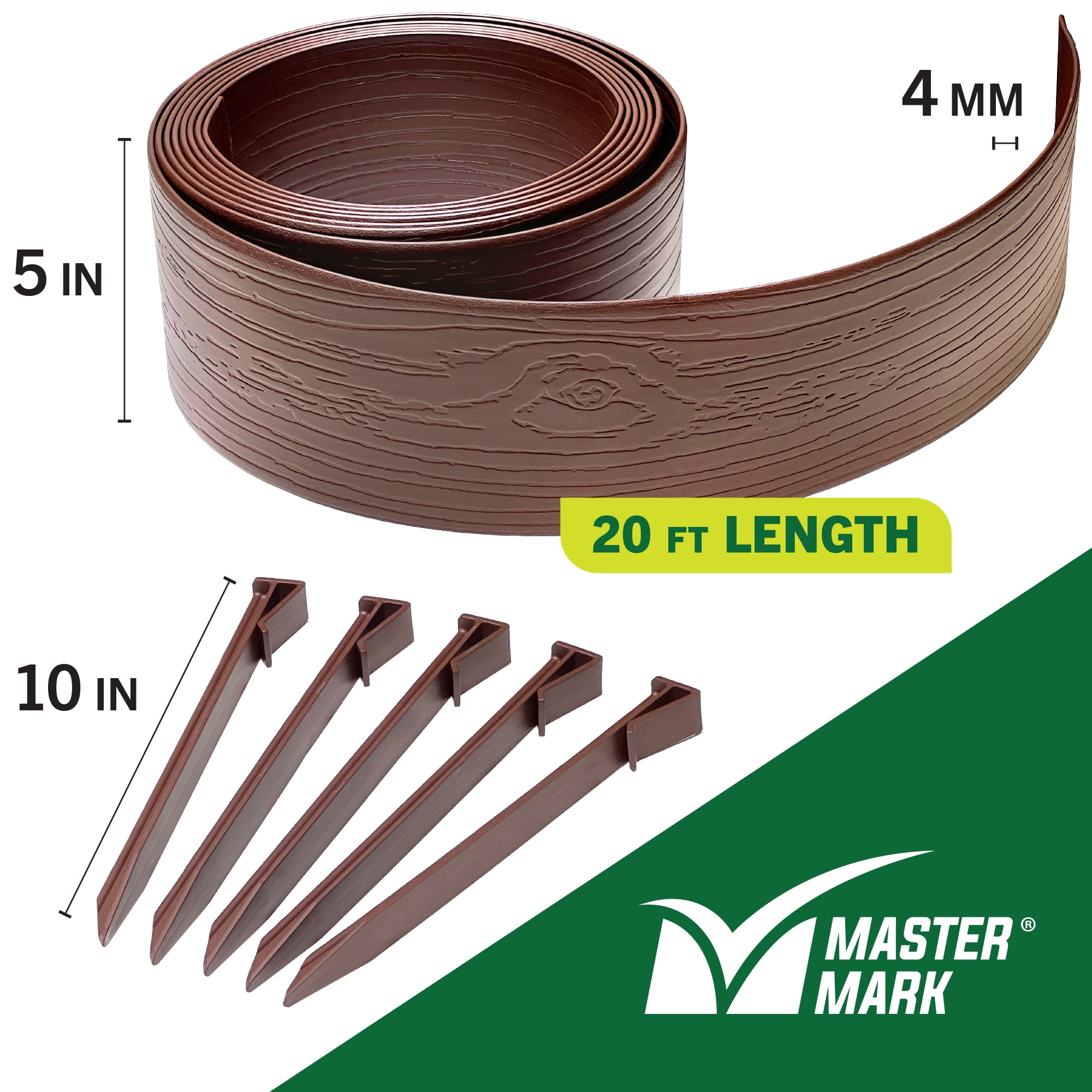 Master Mark Terrace Board 5-Inch x 20-Ft Plastic Garden Edging Border, Brown Wood Grain, Flexible & Durable, Includes 5 Anchoring Stakes, Made in USA - Ideal for Landscape Edging & Garden Fence