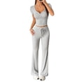 thumbnail image 1 of 2 Piece Matching Summer Sweatsuit Lounge Set Womens Wide Leg Pants Side Ruching Crop Top Sets Flower Gray S, 1 of 9