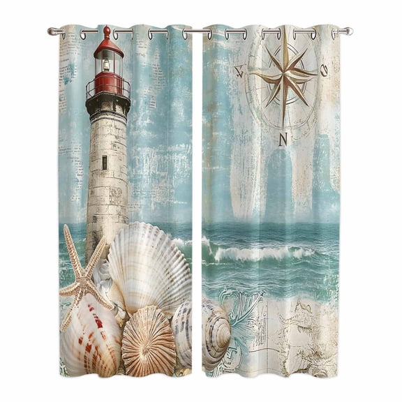 Coastal Nautical Kitchen Curtains 84 Inch Length, Summer Beach Wave Starfish Shell Grommet Top Bedroom Living Room Curtains, Light Filtering Cafe Curtain Drapes 2 Panels Set 84''x84''