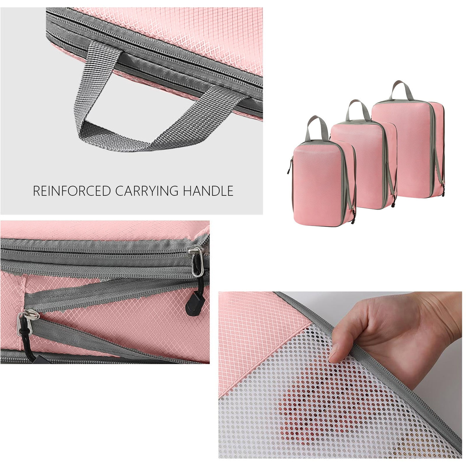 Packing Cubes for Suitcases - 3-Piece Set of Double Capacity Travel Organizer Bags in Black, White, Pink, and Gray
