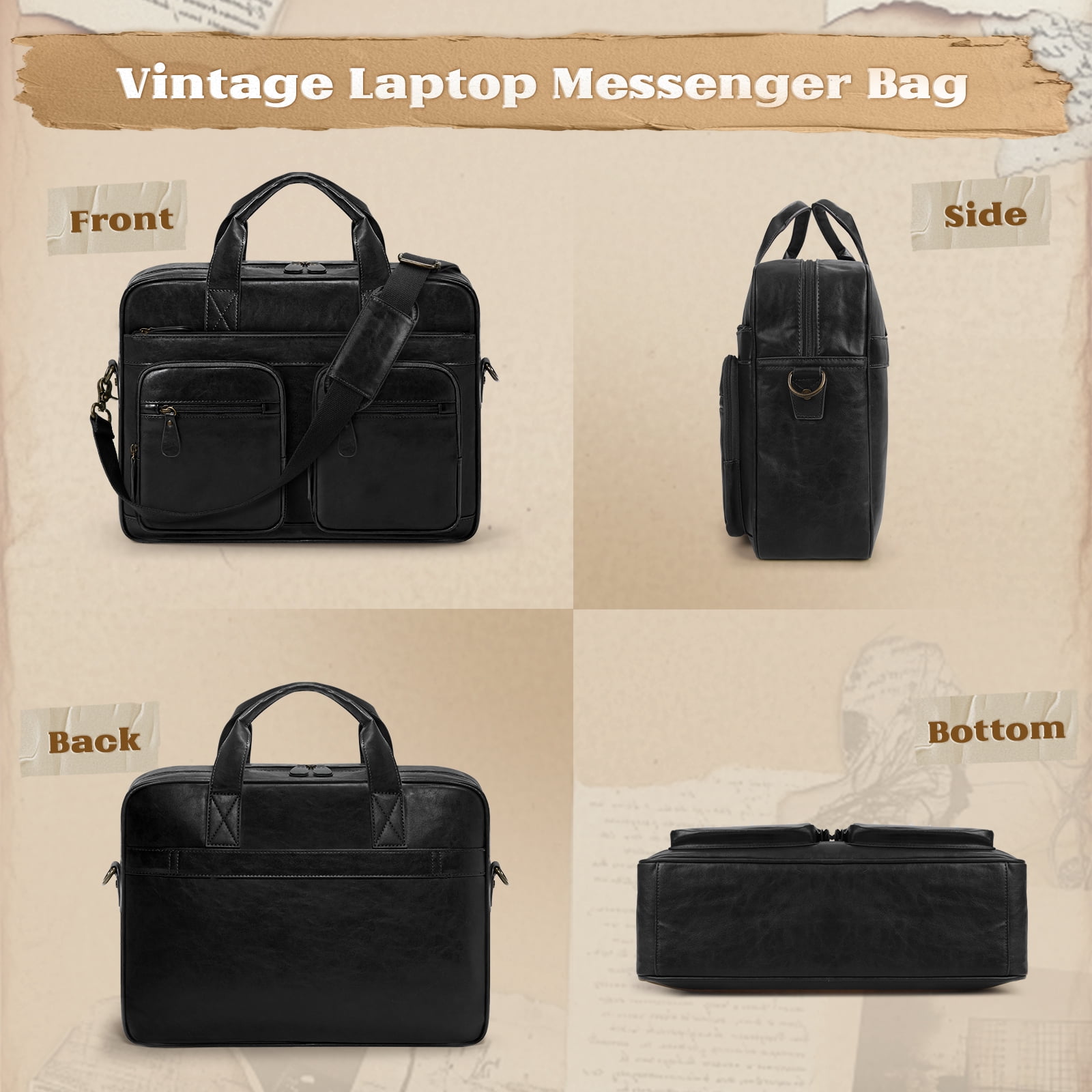 RAINSMORE Vintage Messenger Bag for Men PU Vegan Leather Computer Laptop Bag 15.6 Inch Waterproof Briefcases for Men Retro Mens Briefcase Satchel Bag for Work Office Business Travel,Black