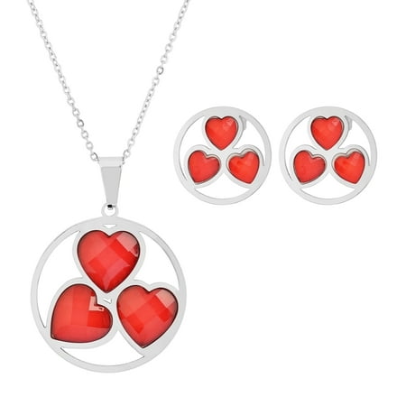 Valentines Day Pierced Heart - Edforce Valentines Day Gift Stainless Steel 3 Heart Circle Pendant 3 Heart Circle Earrings Red, N: 45+5cm