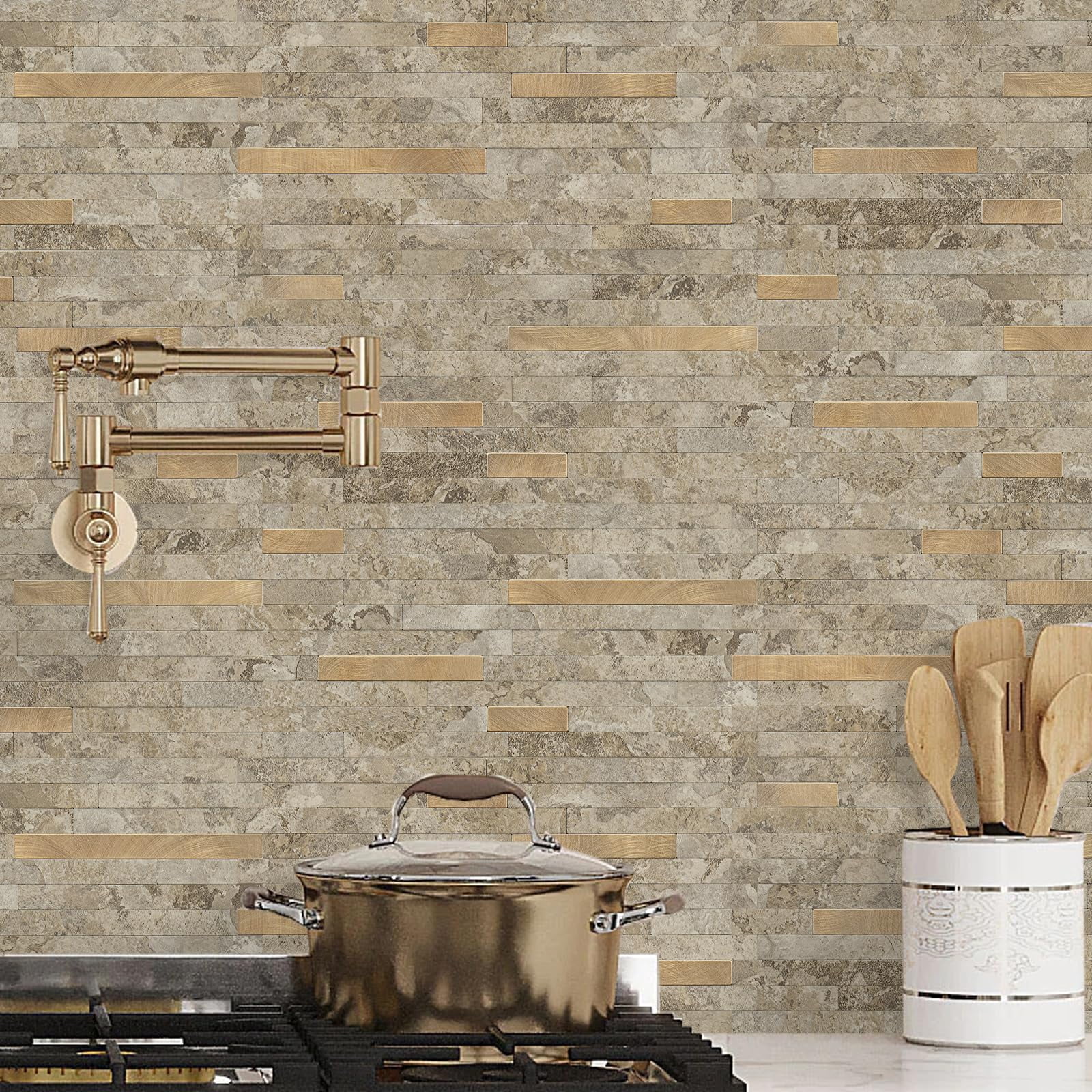 2 Sheets Peel And Stick Backsplash Tile  On For Kitchen Bathroom Stone Beige Marble Look Pvc Mixed Metal Self Adhesive Wall Tiles