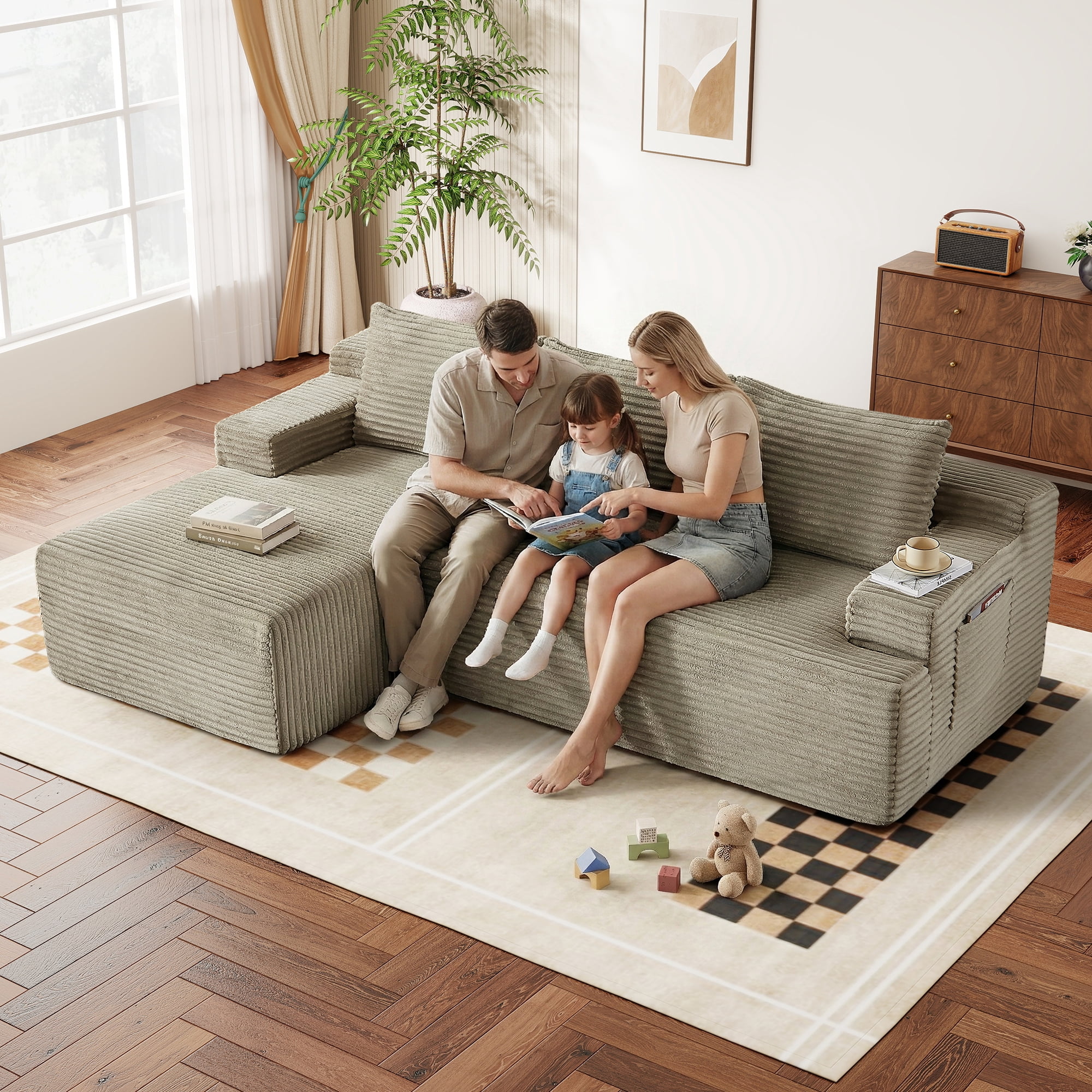 Aukfa 96" L-Shaped Cloud Sectional Sofa, Modular Boneless Couch with Deep Seat, Left-Facing Chaise, Corduroy Sleeper Sofa for Living Room, Camel