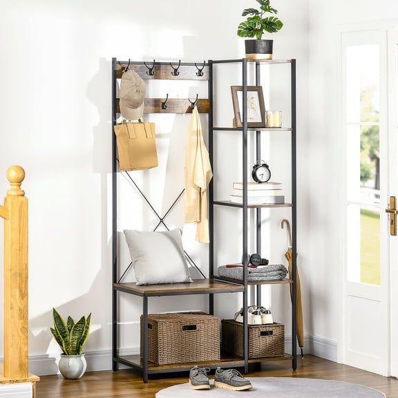 HOMCOM Industrial Hall Tree with Side Storage Shelves, Entryway Bench with Coat Rack, Freestanding Coat Tree with Shoe Storage and Hooks, Rustic Brown