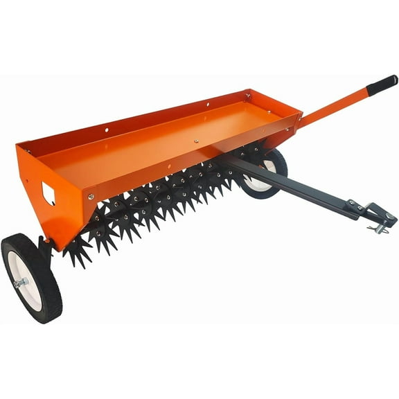 40 in Tow Behind Aerator, Aerator Lawn Tool with Universal Hitch, Adjustable Handle, Transport Wheels, Lawn Aerator Compatible with Tractors for Garden, Farm and Lawn, Orange