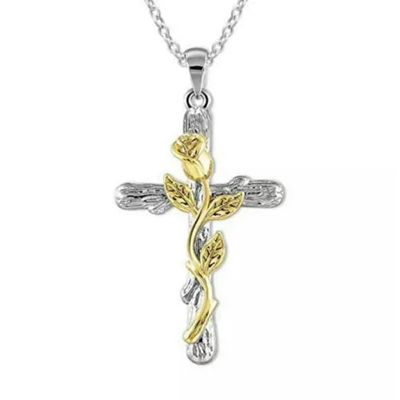 HOOUN Classic Rose Flower Leaf Cross Pendant Chain Necklace for Women Men-02# Gold
