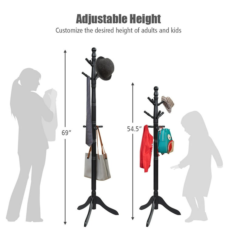 Costway Coat Rack Wooden Hall Tree 2 Adjustable Height w 9 Hooks Black Walmart