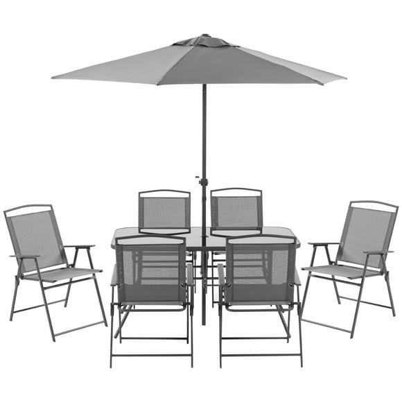 Outsunny Ensemble de salle à manger de patio 8 pièces avec parasol de table, 6 chaises pliantes et table de salle à manger rectangulaire, ensemble de meubles de patio extérieur, gris