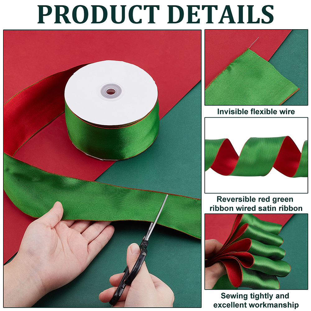 Christmas Polyester Ribbon with Iron Wire Edge for Garment Accessories Gift Decoration Green 2-1/2 inch(65mm) about 25.00 Yards(22.86m)/Roll