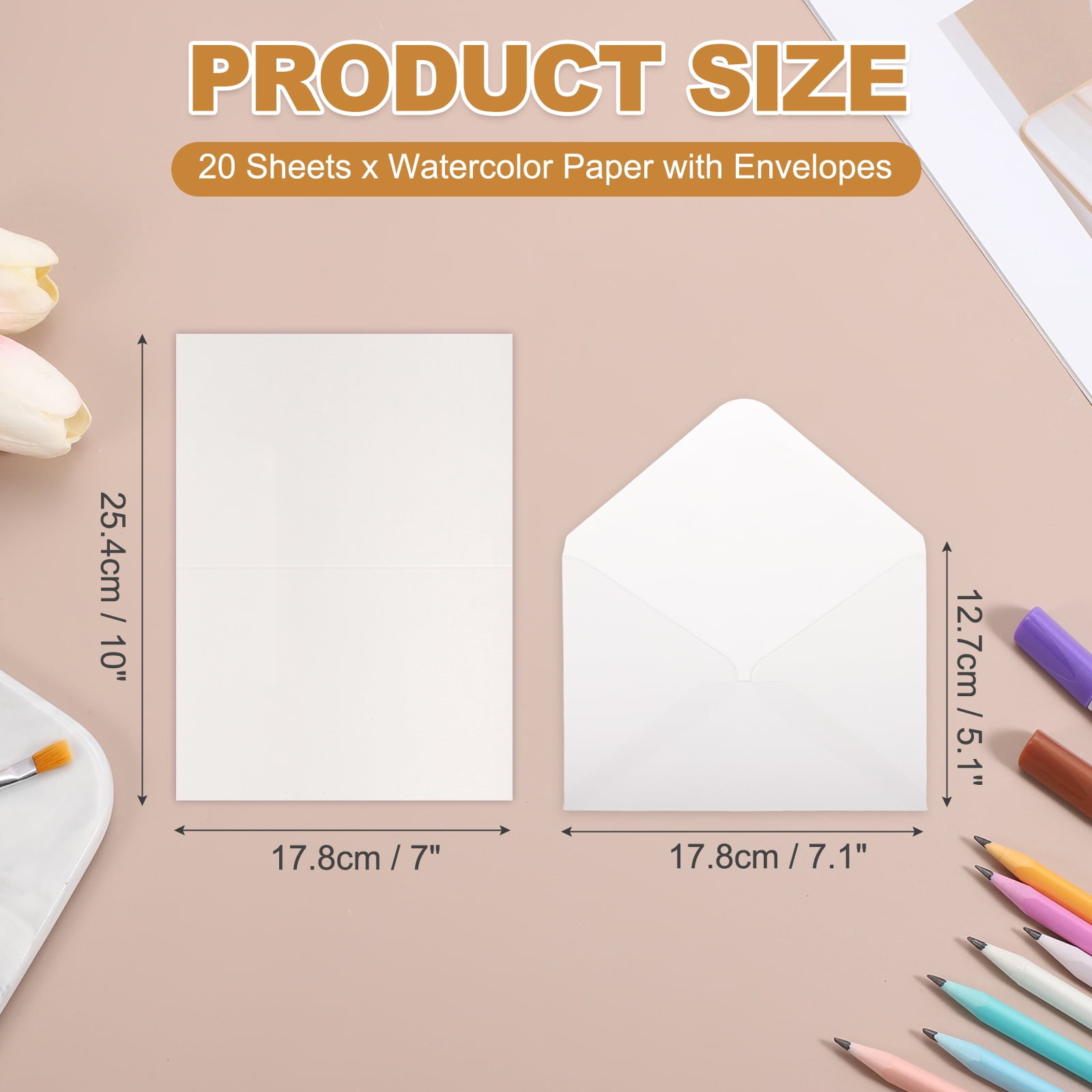 Uxcell 20 Set Watercolor Paper with Envelopes 7 x 10 Inch 140lb/300gsm Artist Painting Drawing Paper Cold Press Water Color Sheet for Sketchbook Journal (Straight Corner)