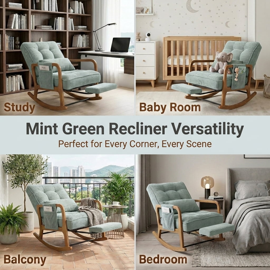 MOONMISS Rocking Chair with Footrest,Rocker Nursery Chair with Side Pocket,Glider Rocker,Accent Reading Chair for Living Room,Mint Green