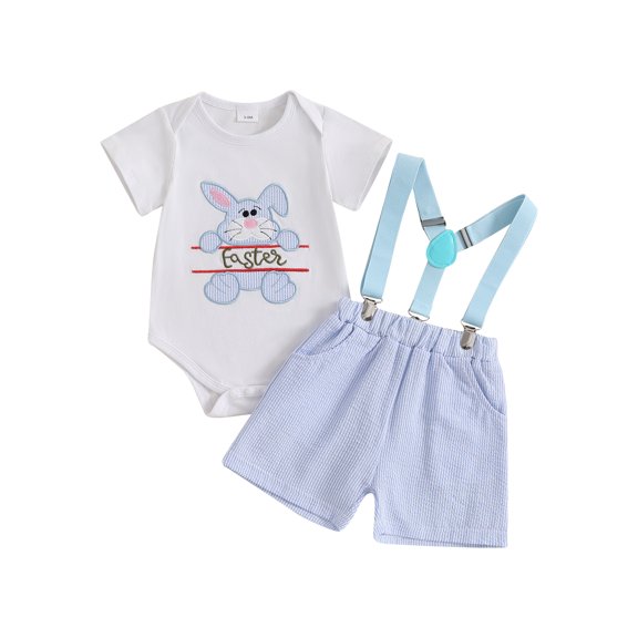 2Pcs Baby Toddler Boys Spring Outfits 3 6 12 18 Months Short Sleeve Bunny Embroidery Romper   Suspender Shorts Set Infant Clothes