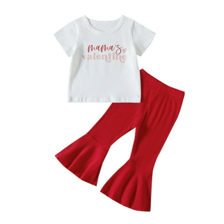 

MPWEGNP Toddler Girls Valentine s Day Short Sleeve Letter Prints T Shirt Tops Bell Bottoms Pants Kids Outfits Short Stylish Toddler Girl Outfits
