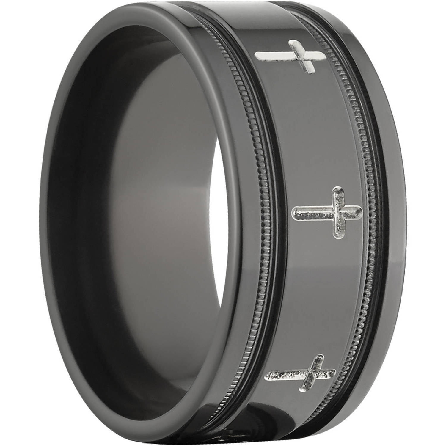 10mm Flat Black Zirconium Ring with Milled Crosses Inside Two Grooves