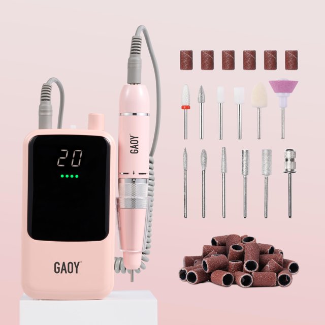 Taladro de uñas GAOY recargable, inalámbrico, eléctrico, rosa con brocas