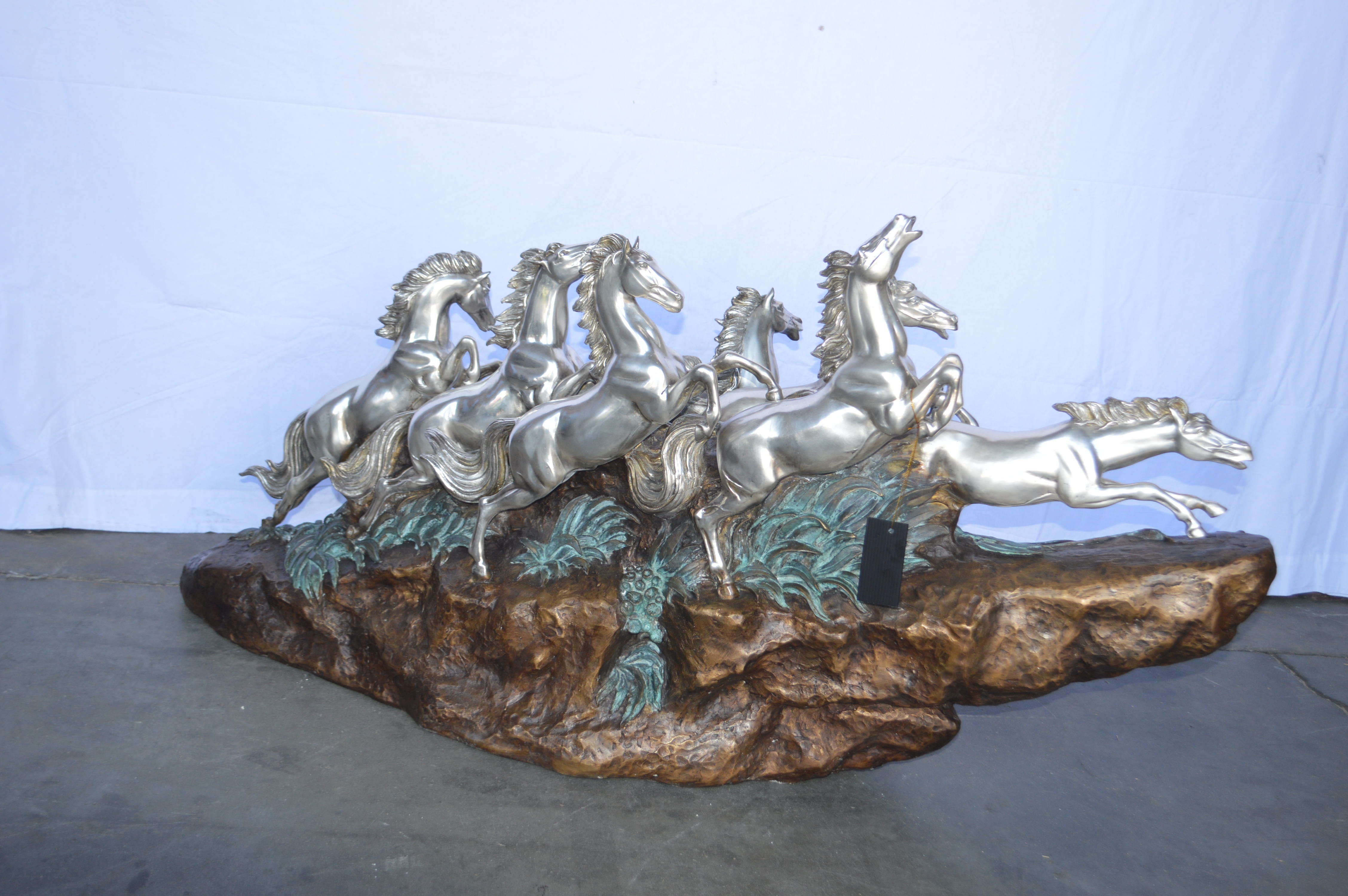 Nifao Eight Horses Running Bronze Statue Silver Finish – Garden Outdoor Decor Sculpture, 59"L x 20"W x 28"H