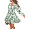 thumbnail image 2 of Autumn Women'S Dress V-Neck Long Sleeve Elastic Waist Bohemian Beach Resort Wear Floral Mini Summer Dress Green XL, 2 of 9
