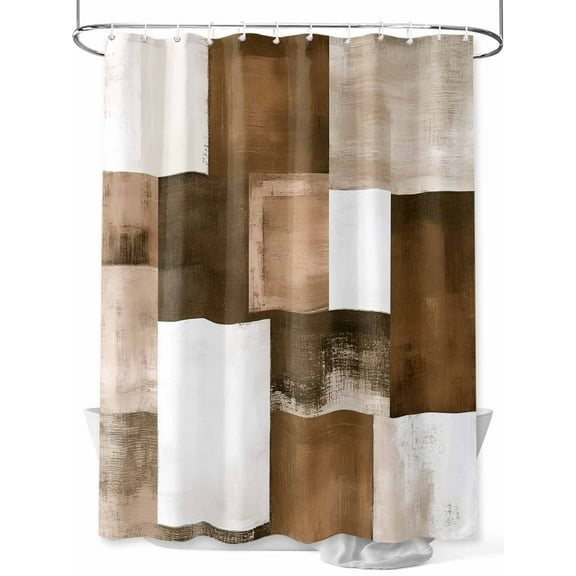 Brown Abstract Shower Curtain, Modern Rustic Geometric Color Block Plaid Waterproof Shower Curtain Set with 12 Hooks Lightweight Washable Fabric Shower Curtains for Bathroom 48x72 Inches