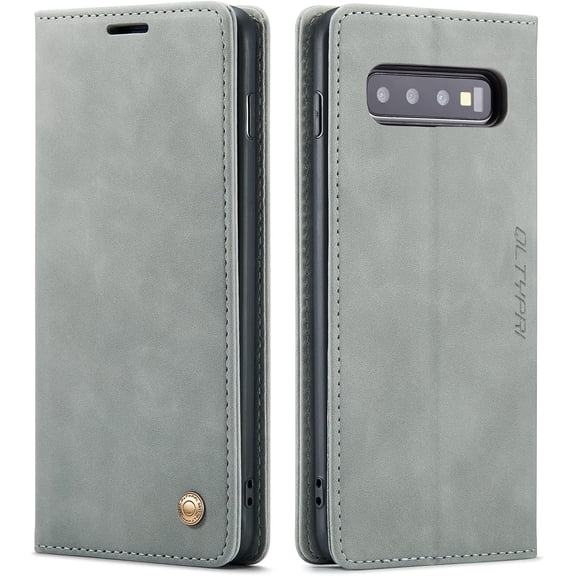QLTYPRI Case for Samsung Galaxy S10 Plus, Vintage PU Leather Wallet Case Card Slot Kickstand Magnetic Closure Shockproof Flip Folio Cover for Samsung Galaxy S10 Plus - Grey