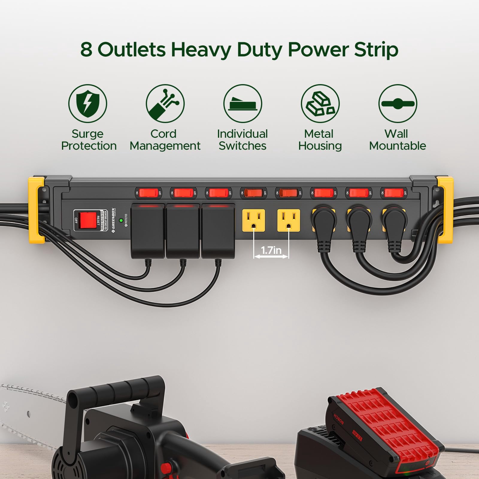 8 Outlet Heavy Duty Power Strip with Individual Switches, 3300J Metal Surge Protector Power Strip with Flat Plug, 15A Circuit Breaker, Wide Spaced, Cord Management, 6Ft Cord