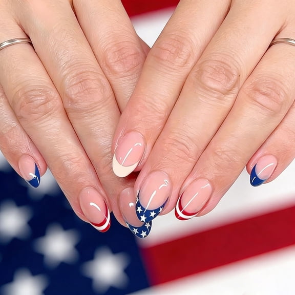 FEOLGEHLY 4th of July Press on Nails Patriotic American Flag Nails Independence Day Nails Red White Blue Nails 24pcs Glossy Finish Reusable Acrylic Fake Nails for Party (multicolor)