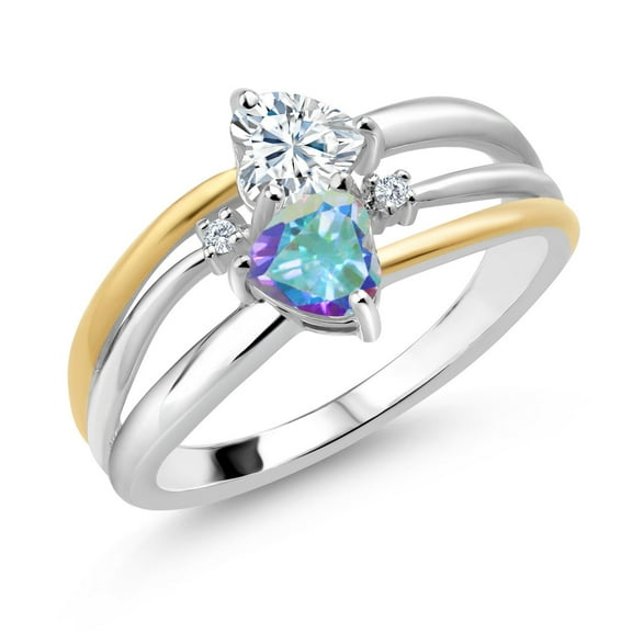 Gem Stone King 925 Silver and 10K Yellow Gold White Moissanite and Mercury Mist Mystic Topaz and White Lab Grown Diamond Band Ring for Women (1.00 Cttw, Gemstone, Heart Shape 5MM, Size 7)