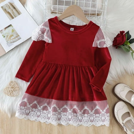 

Qazqa Toddler Girls Long Sleeve Dresses Solid Lace Bowknot Princess Dress Clothes