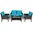 thumbnail image 1 of Patiojoy 4 Piece Patio Conversation Set Rattan Wicker Loveseat Sofa Coffee Table & Glass Top Turquoise Cushions, 1 of 8