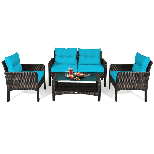 Patiojoy 4 Piece Patio Conversation Set Rattan Wicker Loveseat Sofa Coffee Table & Glass Top Turquoise Cushions