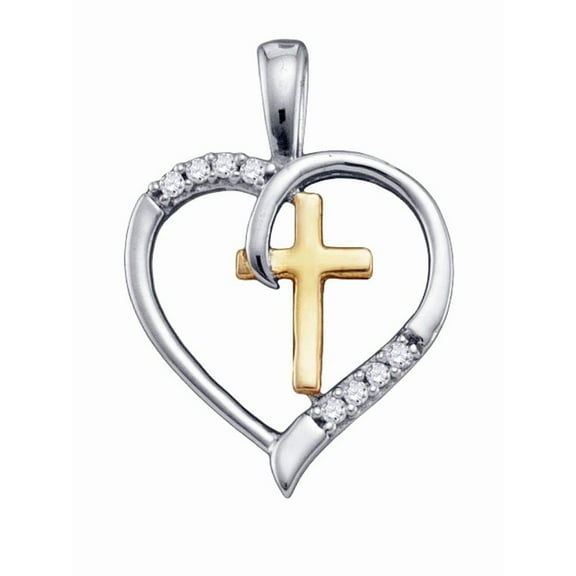 Sterling Silver Diamond Heart & Cross Two Tone Necklace Pendant 1/20 Ctw.